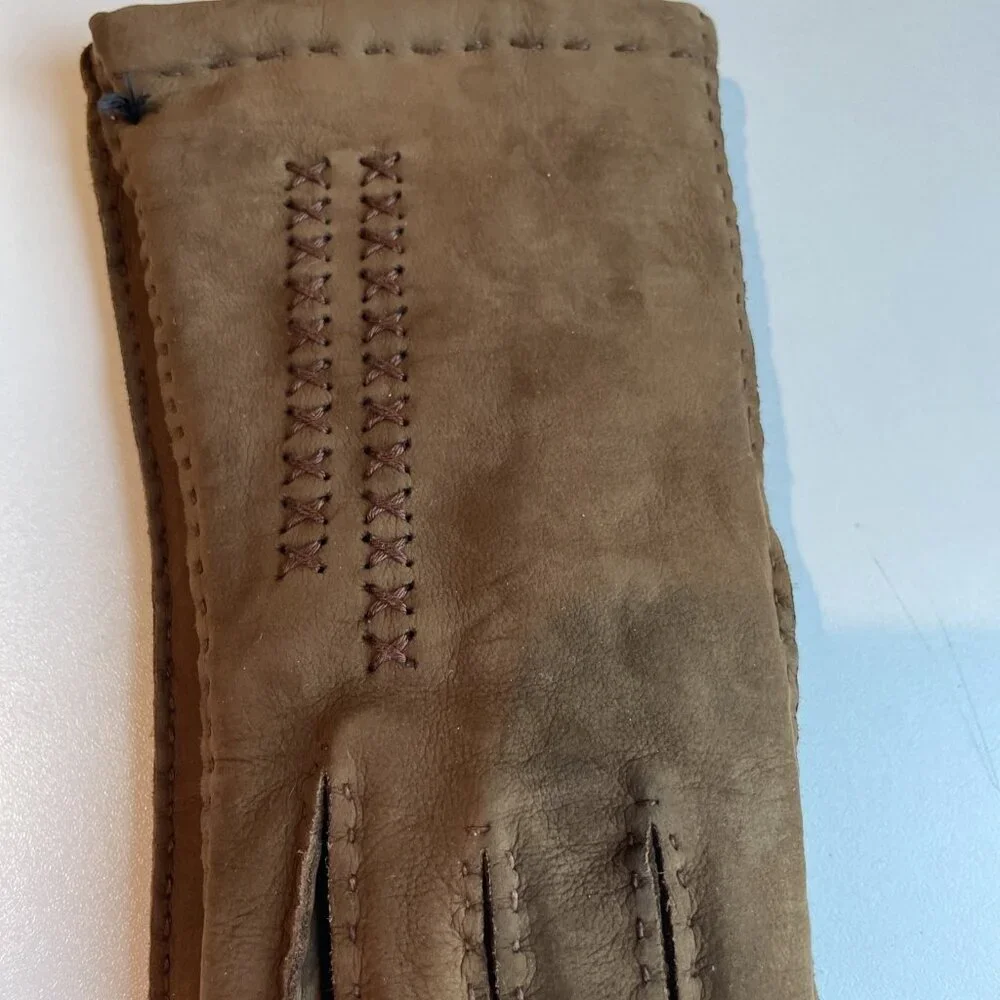 Vintage Women's Suede Gloves Size S Brown Lined Embroidered Made Czechoslovakia
